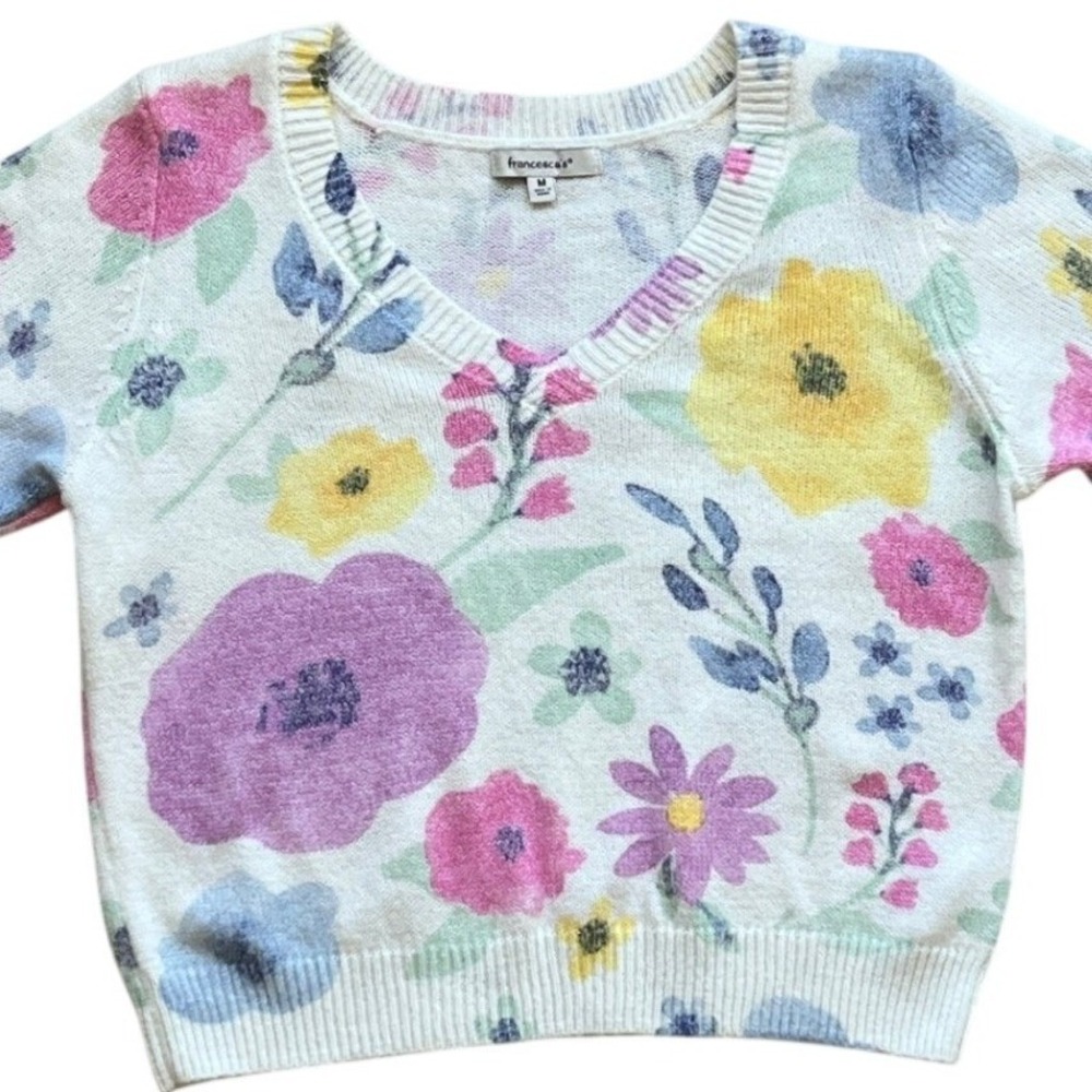Francescas Womens Floral V-Neck Knit Sweater White Purple Yellow ST20867‎ Size M